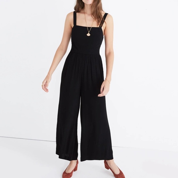 Madewell Smocked Crop Wide Leg Jumpsuit in True Black 2 H1084 - Picture 1 of 16